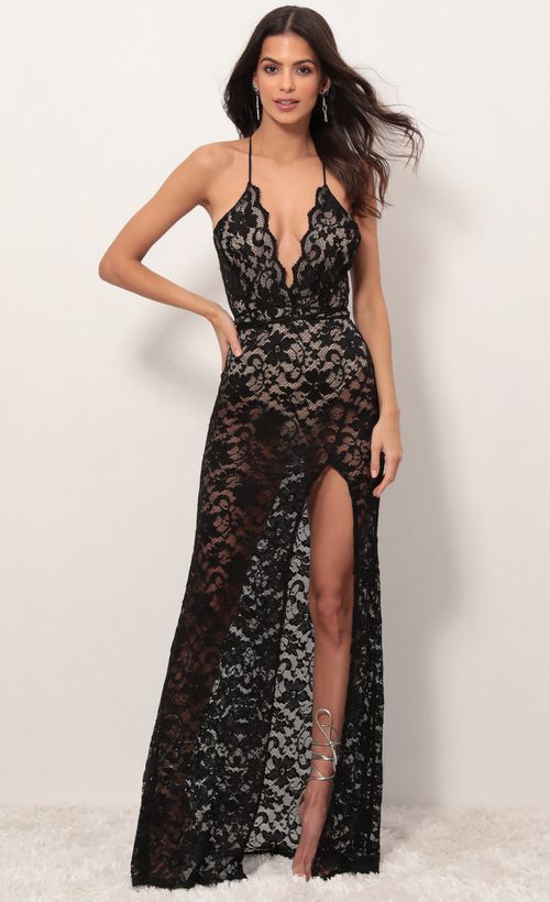Picture Daniela Plunge Lace Maxi Dress in Black. Source: https://media.lucyinthesky.com/data/Apr19_1/500xAUTO/781A0324S.JPG