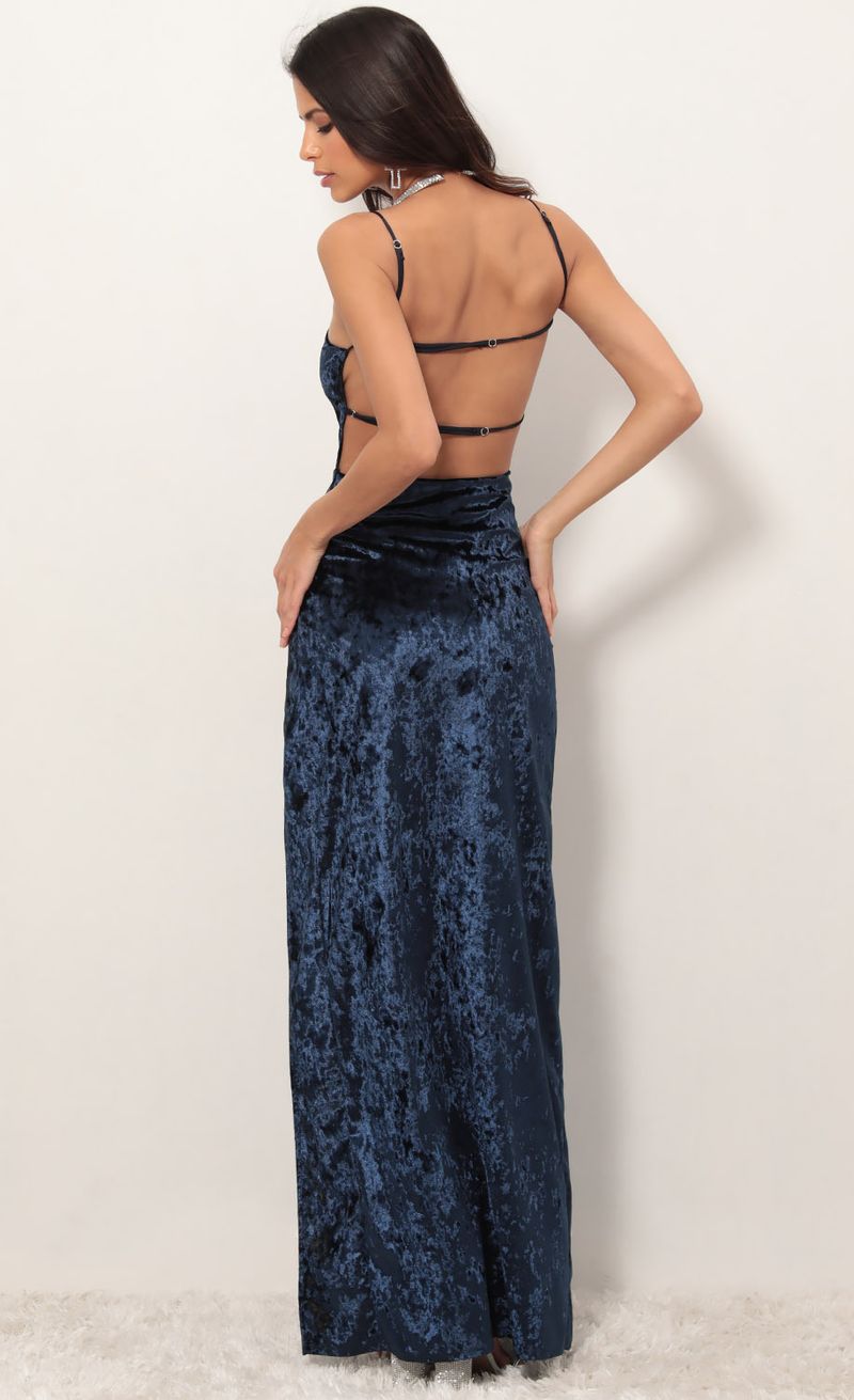 Picture Giana Crushed Velvet Maxi in Navy. Source: https://media.lucyinthesky.com/data/Apr19_1/800xAUTO/781A0971.JPG