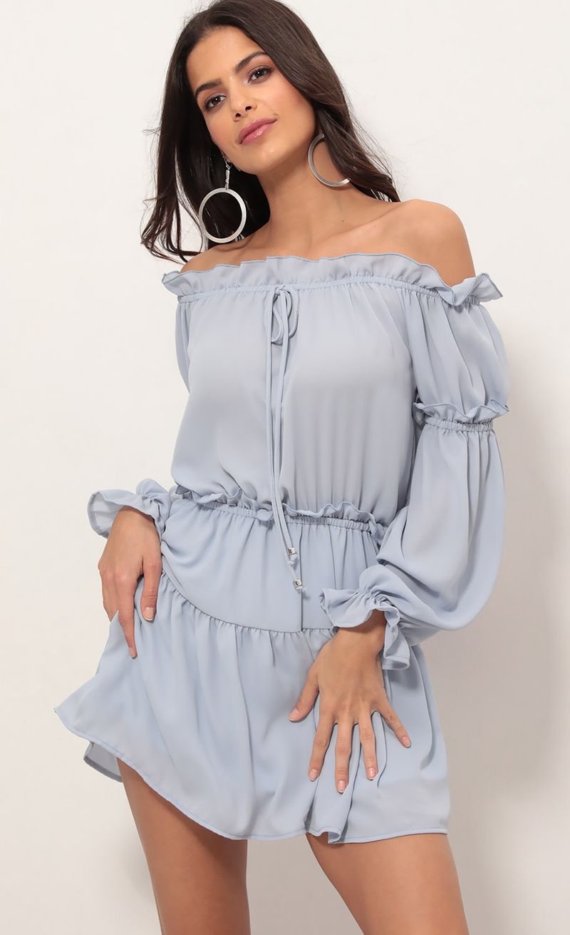 Picture Wild Thoughts Off The Shoulder Dress in Blue. Source: https://media.lucyinthesky.com/data/Apr19_1/800xAUTO/781A1438.JPG