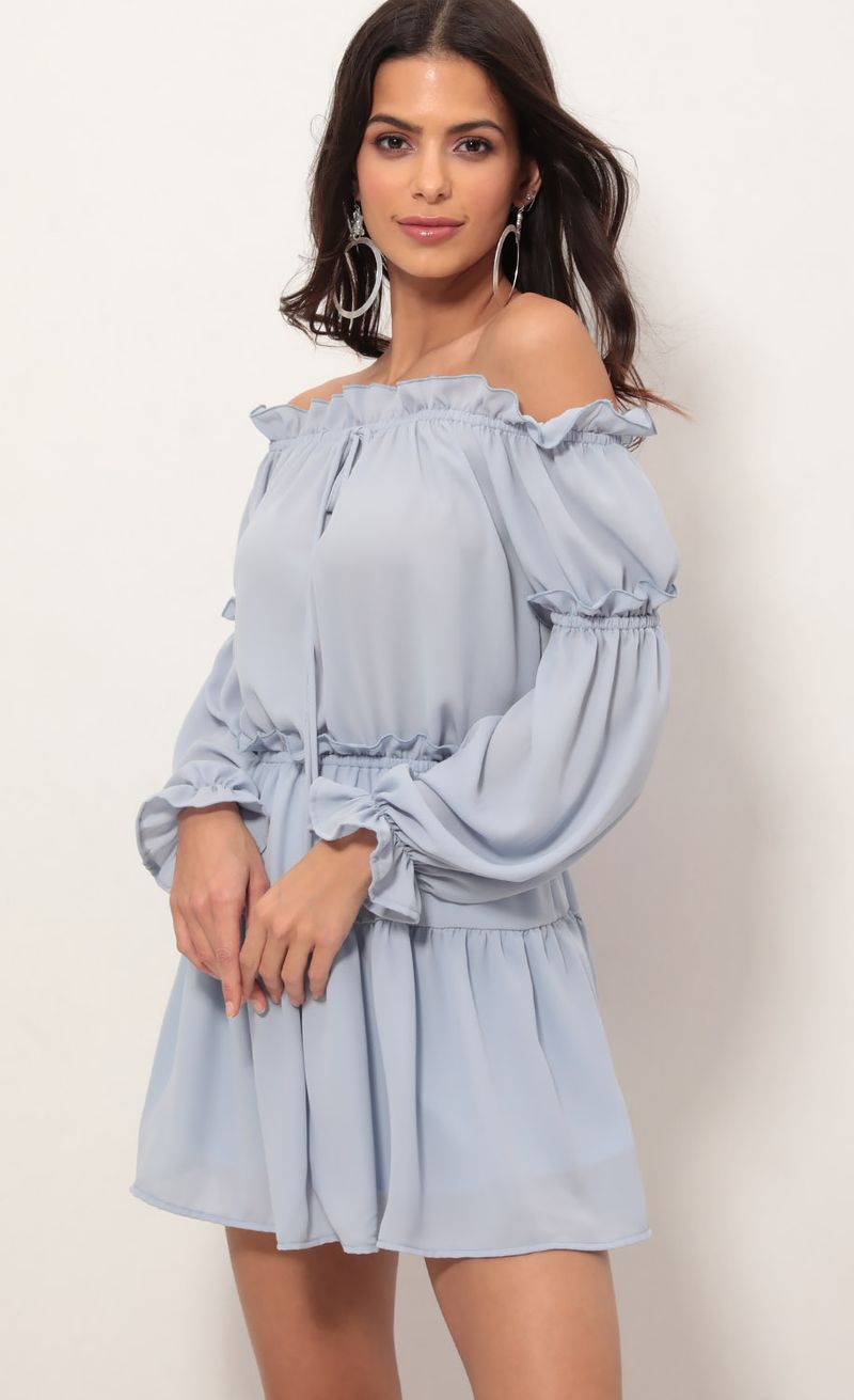 Picture Wild Thoughts Off The Shoulder Dress in Blue. Source: https://media.lucyinthesky.com/data/Apr19_1/800xAUTO/781A1444.JPG