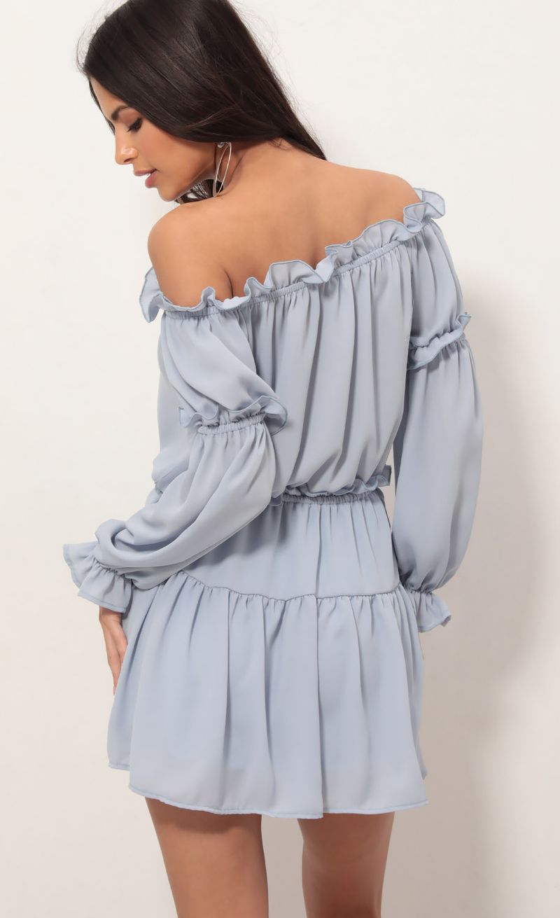 Picture Wild Thoughts Off The Shoulder Dress in Blue. Source: https://media.lucyinthesky.com/data/Apr19_1/800xAUTO/781A1460.JPG