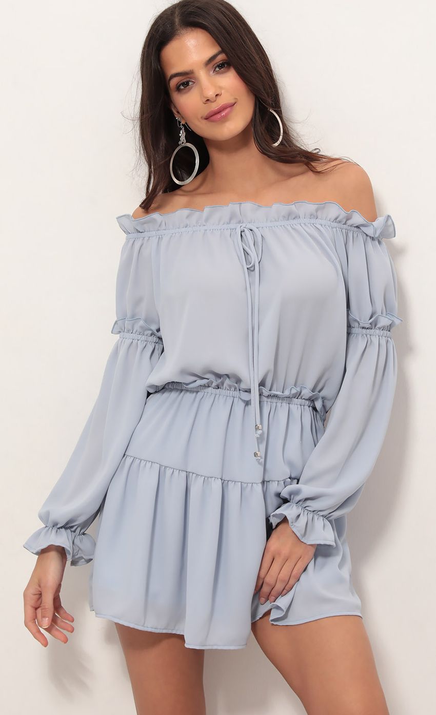Picture Wild Thoughts Off The Shoulder Dress in Blue. Source: https://media.lucyinthesky.com/data/Apr19_1/850xAUTO/781A1429.JPG