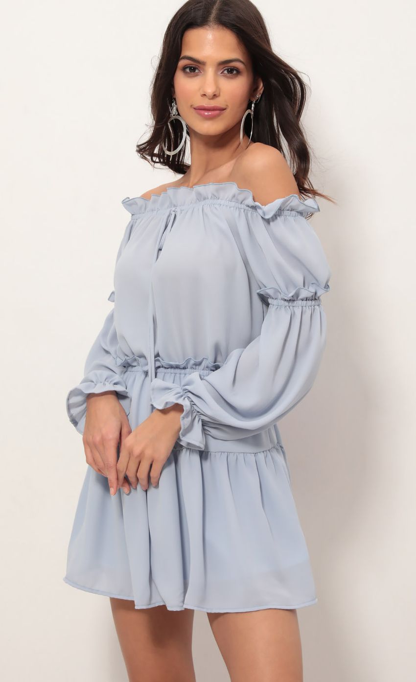 Picture Wild Thoughts Off The Shoulder Dress in Blue. Source: https://media.lucyinthesky.com/data/Apr19_1/850xAUTO/781A1444.JPG
