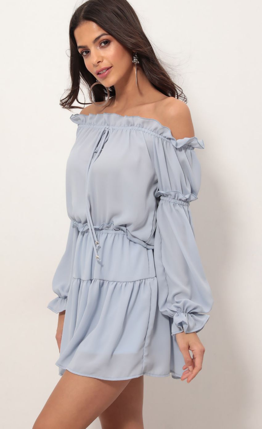 Picture Wild Thoughts Off The Shoulder Dress in Blue. Source: https://media.lucyinthesky.com/data/Apr19_1/850xAUTO/781A1447.JPG
