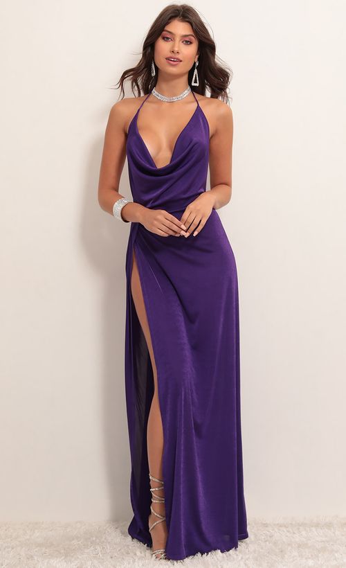 Picture Kaira Cowl Neck Maxi Dress in Violet. Source: https://media.lucyinthesky.com/data/Apr19_2/500xAUTO/781A3433.JPG