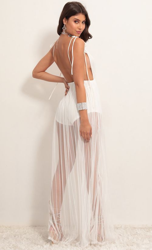 Picture Skylar Love Ties Maxi Dress in White Stripes. Source: https://media.lucyinthesky.com/data/Apr19_2/500xAUTO/781A3615.JPG