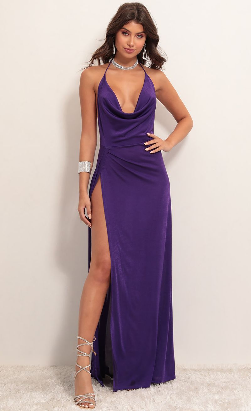 Picture Kaira Cowl Neck Maxi Dress in Violet. Source: https://media.lucyinthesky.com/data/Apr19_2/800xAUTO/781A3436.JPG
