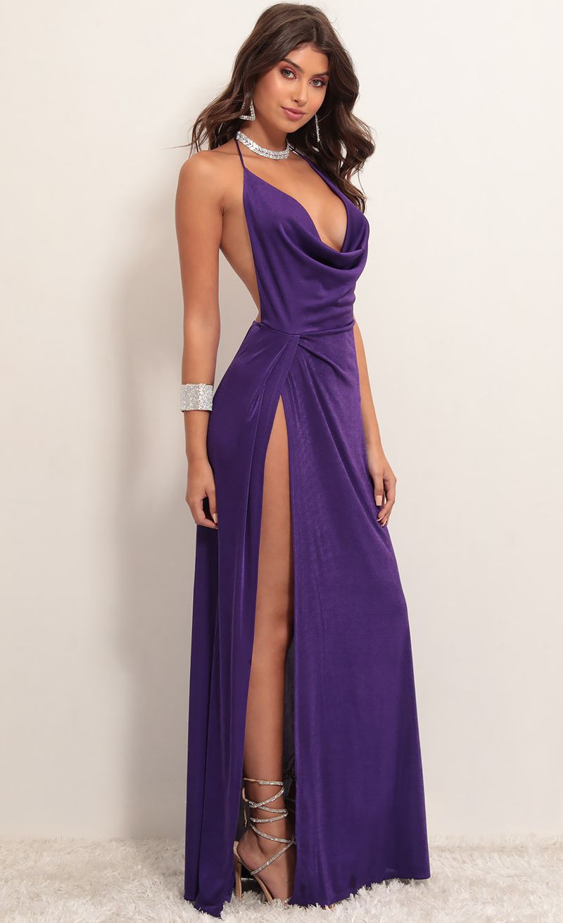 Picture Kaira Cowl Neck Maxi Dress in Violet. Source: https://media.lucyinthesky.com/data/Apr19_2/800xAUTO/781A3452.JPG