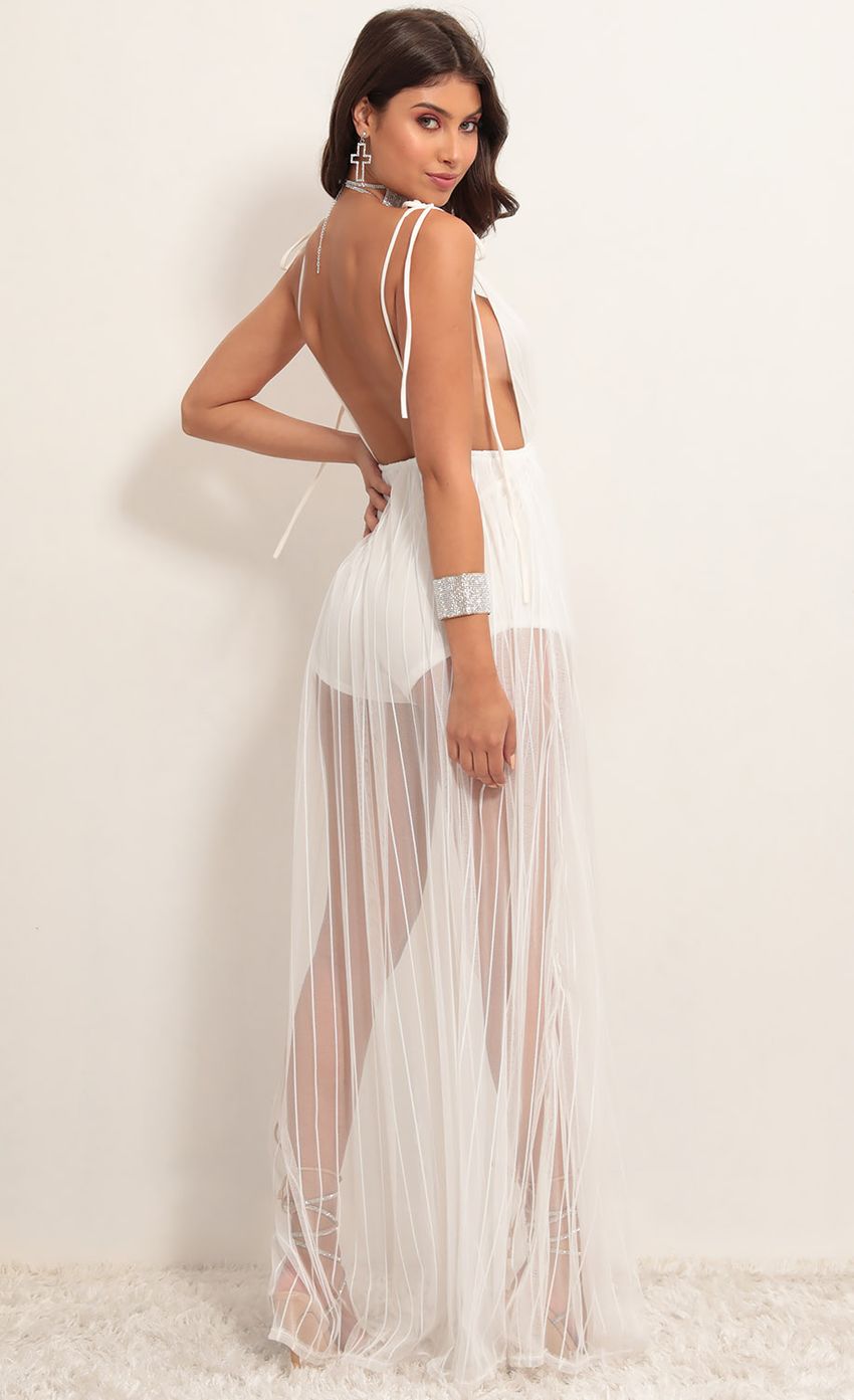 Picture Skylar Love Ties Maxi Dress in White Stripes. Source: https://media.lucyinthesky.com/data/Apr19_2/850xAUTO/781A3615.JPG