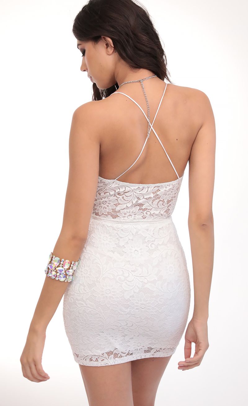 Picture Daniela Plunge Lace Dress in White Shimmer. Source: https://media.lucyinthesky.com/data/Apr20_1/800xAUTO/781A7399.JPG