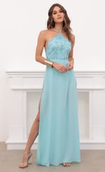 Picture Coralynn Halter Lace Dress in Aqua. Source: https://media.lucyinthesky.com/data/Apr21_1/150xAUTO/1V9A3222.JPG