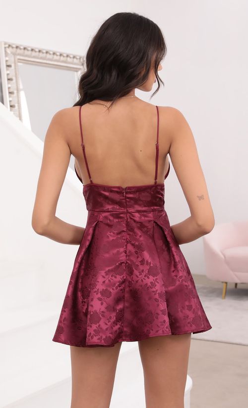 Picture Babette Pleated Jacquard Dress in Burgundy. Source: https://media.lucyinthesky.com/data/Apr21_1/500xAUTO/1V9A0534.JPG