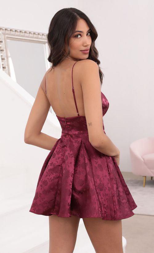 Picture Babette Pleated Jacquard Dress in Burgundy. Source: https://media.lucyinthesky.com/data/Apr21_1/500xAUTO/1V9A0539.JPG