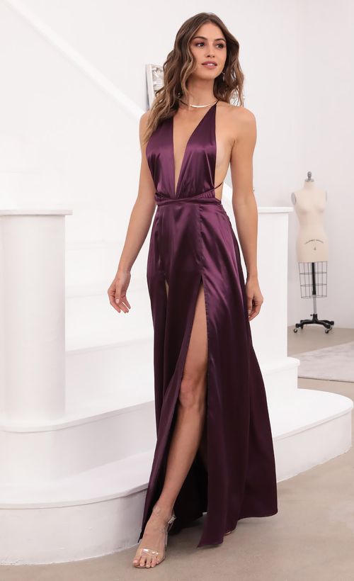 Picture Flashing Lights Maxi Dress in Purple Satin. Source: https://media.lucyinthesky.com/data/Apr21_1/500xAUTO/1V9A1398.JPG