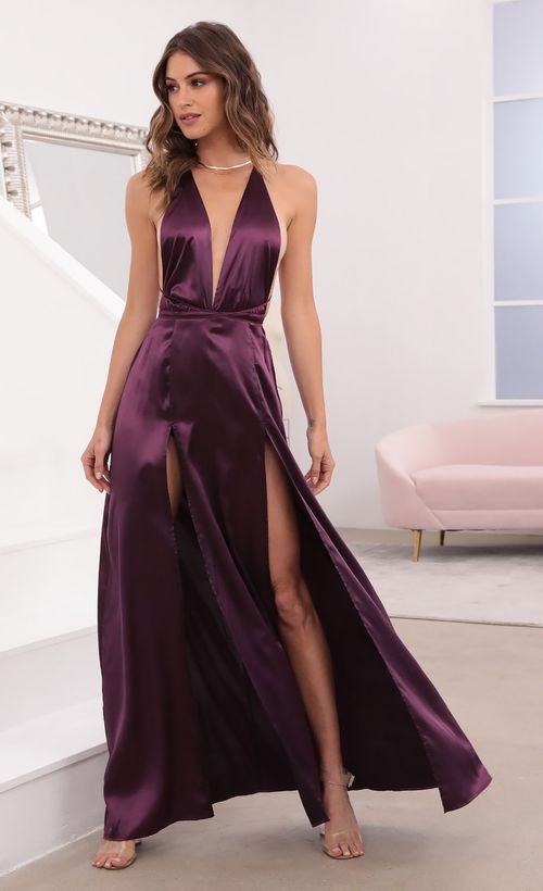 Picture Flashing Lights Maxi Dress in Purple Satin. Source: https://media.lucyinthesky.com/data/Apr21_1/500xAUTO/1V9A1409.JPG
