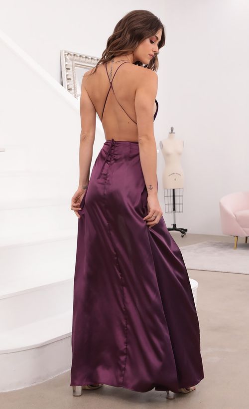 Picture Flashing Lights Maxi Dress in Purple Satin. Source: https://media.lucyinthesky.com/data/Apr21_1/500xAUTO/1V9A1454.JPG