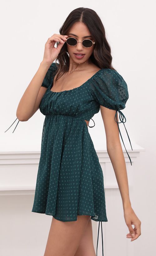 Picture Leilani Dotted Chiffon Babydoll Dress in Hunter Green. Source: https://media.lucyinthesky.com/data/Apr21_1/500xAUTO/1V9A2303.JPG