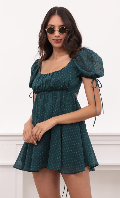 Picture Leilani Dotted Chiffon Baby Doll Dress in Hunter Green. Source: https://media.lucyinthesky.com/data/Apr21_1/500xAUTO/1V9A2369.JPG