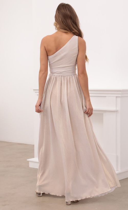Picture Olympia One Shoulder Pleated Dress in Gold. Source: https://media.lucyinthesky.com/data/Apr21_1/500xAUTO/1V9A2394.JPG