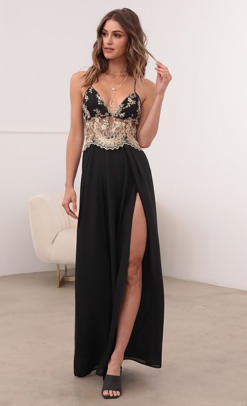 Picture Tulum Lace Maxi Dress in Black and Gold. Source: https://media.lucyinthesky.com/data/Apr21_1/500xAUTO/1V9A2447.JPG
