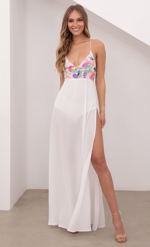 Picture Kaylen Multicolor Sequin Maxi Dress in White. Source: https://media.lucyinthesky.com/data/Apr21_1/500xAUTO/1V9A2909.JPG