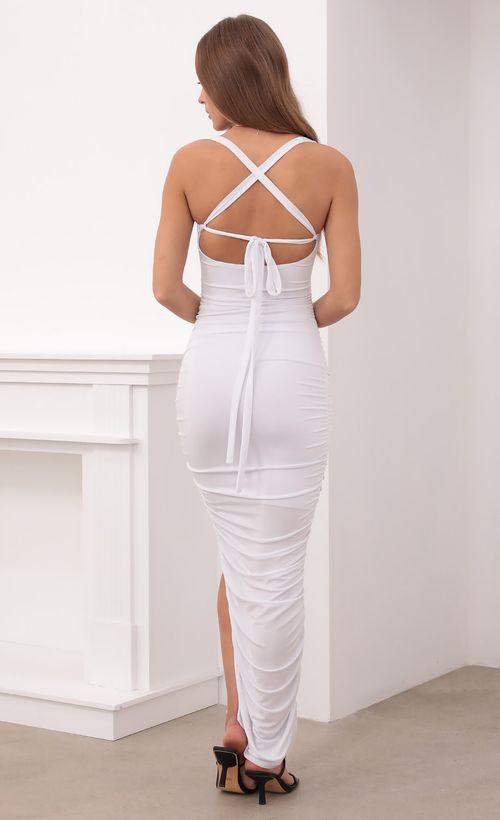 Picture Adriana Ruched Cutout Maxi in White. Source: https://media.lucyinthesky.com/data/Apr21_1/500xAUTO/1V9A5986.JPG