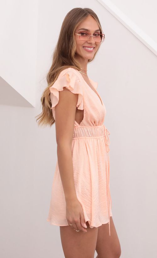Picture Vivian Washed Satin Plunge A-line Dress in Coral. Source: https://media.lucyinthesky.com/data/Apr21_1/500xAUTO/1V9A6134.JPG