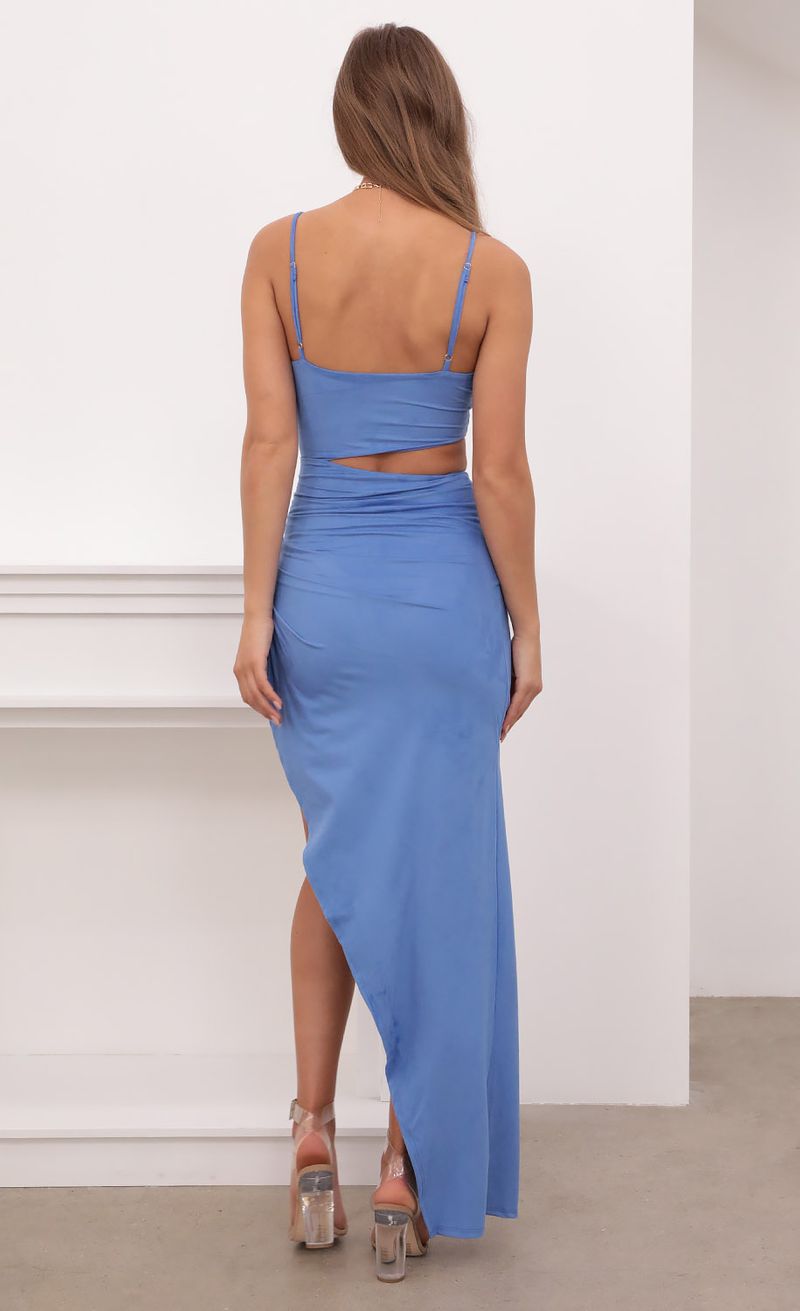 Picture Ella Cutout Maxi Dress in Suede Blue. Source: https://media.lucyinthesky.com/data/Apr21_1/800xAUTO/1V9A3780.JPG