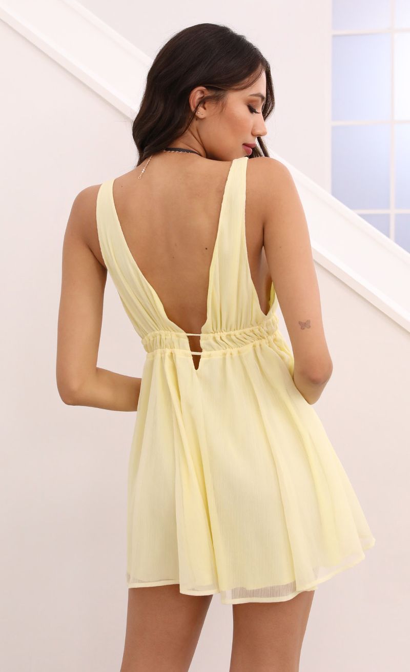 Picture Svana Plunge A-line Dress in Light Yellow Crinkle. Source: https://media.lucyinthesky.com/data/Apr21_1/800xAUTO/1V9A5046.JPG