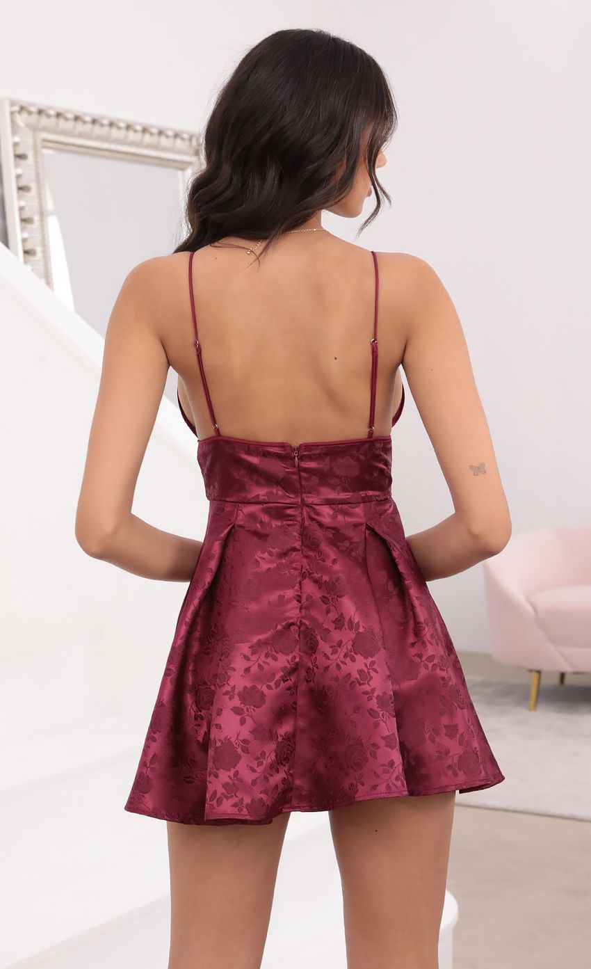 Picture Babette Pleated Jacquard Dress in Burgundy. Source: https://media.lucyinthesky.com/data/Apr21_1/850xAUTO/1V9A0534.JPG