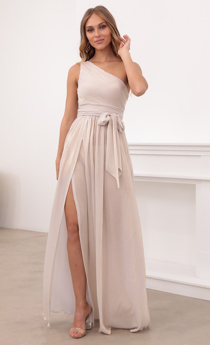 Picture Olympia One Shoulder Pleated Dress in Gold. Source: https://media.lucyinthesky.com/data/Apr21_1/850xAUTO/1V9A2322.JPG