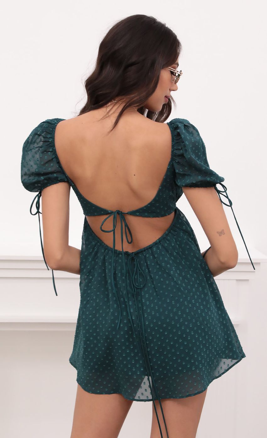 Picture Leilani Dotted Chiffon Baby Doll Dress in Hunter Green. Source: https://media.lucyinthesky.com/data/Apr21_1/850xAUTO/1V9A2333.JPG
