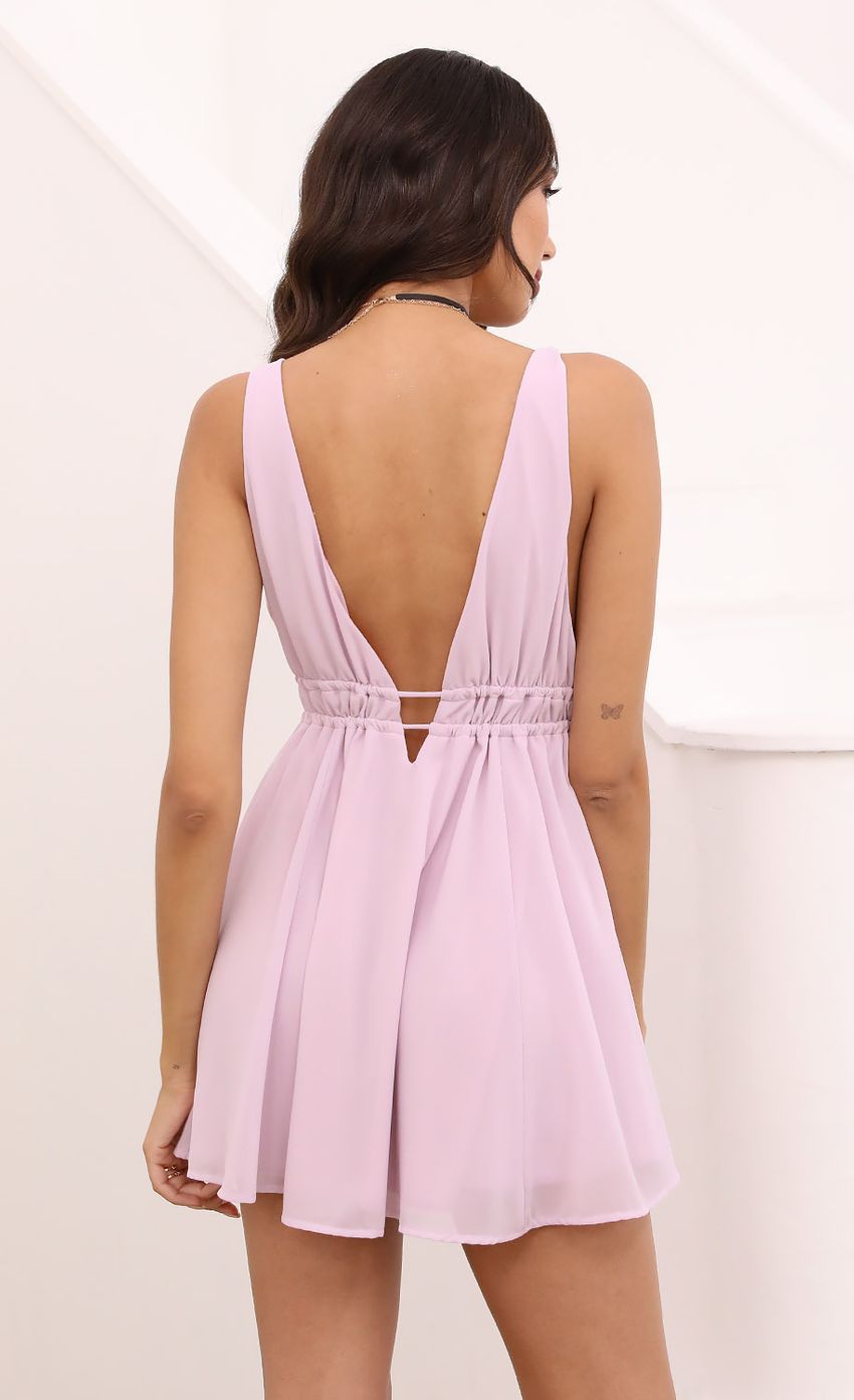 Picture Svana Plunge A-line Dress in Lavender. Source: https://media.lucyinthesky.com/data/Apr21_1/850xAUTO/1V9A5552.JPG