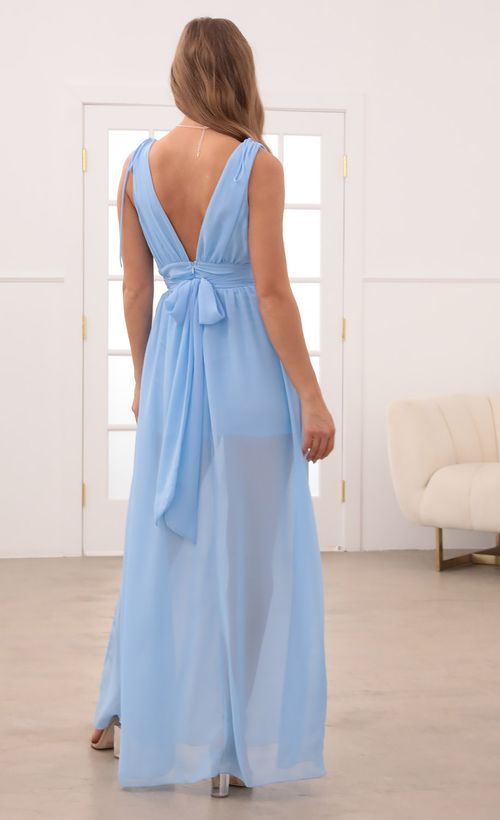 Picture Grace Chiffon Double Slit Maxi Dress in Sky Blue. Source: https://media.lucyinthesky.com/data/Apr21_2/500xAUTO/1V9A3179.JPG
