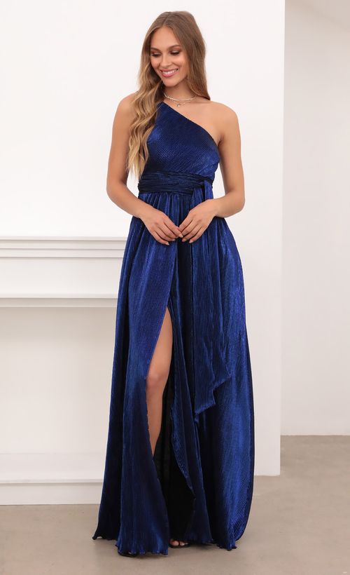 Picture Olympia One Shoulder Pleated Klein Blue Dress. Source: https://media.lucyinthesky.com/data/Apr21_2/500xAUTO/1V9A4282.JPG