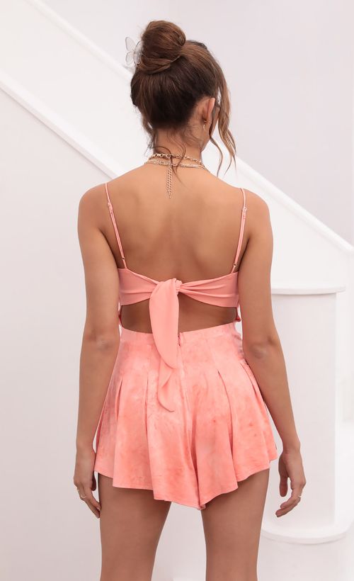 Picture Bella Suede Romper In Coral Tie-Dye. Source: https://media.lucyinthesky.com/data/Apr21_2/500xAUTO/1V9A4968.JPG