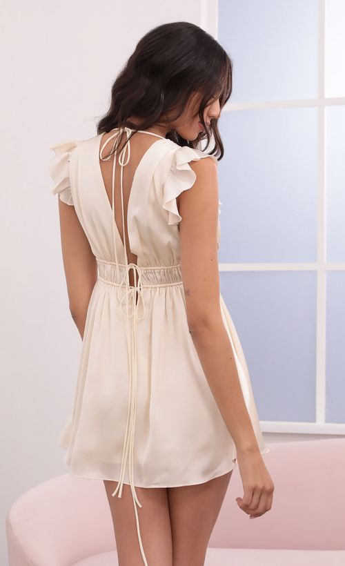 Picture Vivian Satin Plunge A-line Dress in Cream. Source: https://media.lucyinthesky.com/data/Apr21_2/500xAUTO/1V9A7354.JPG