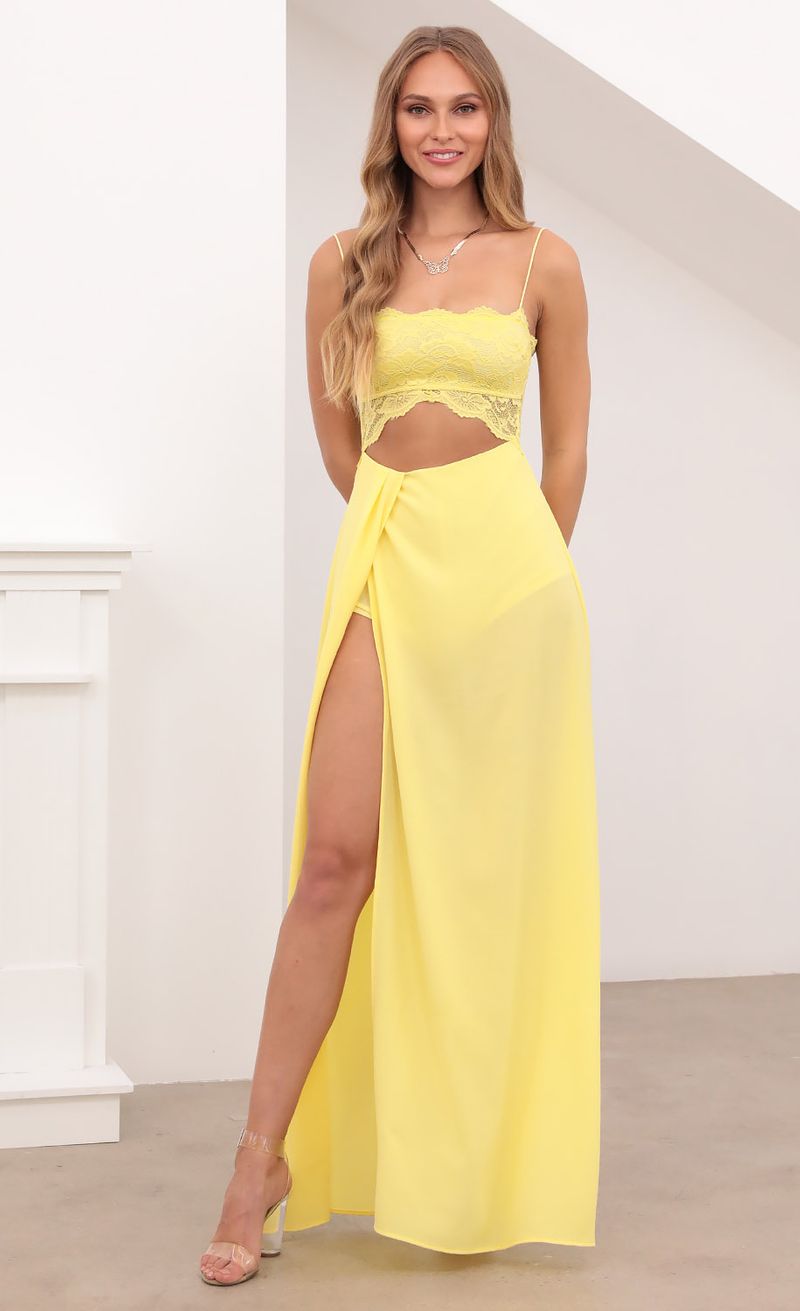 Picture Janice Cutout Maxi Dress in Yellow Lace. Source: https://media.lucyinthesky.com/data/Apr21_2/800xAUTO/1V9A3241.JPG