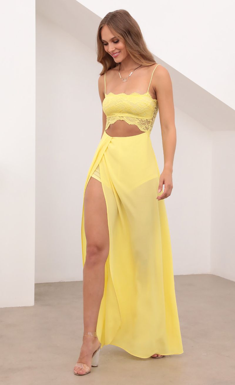 Picture Janice Cutout Maxi Dress in Yellow Lace. Source: https://media.lucyinthesky.com/data/Apr21_2/800xAUTO/1V9A3347.JPG