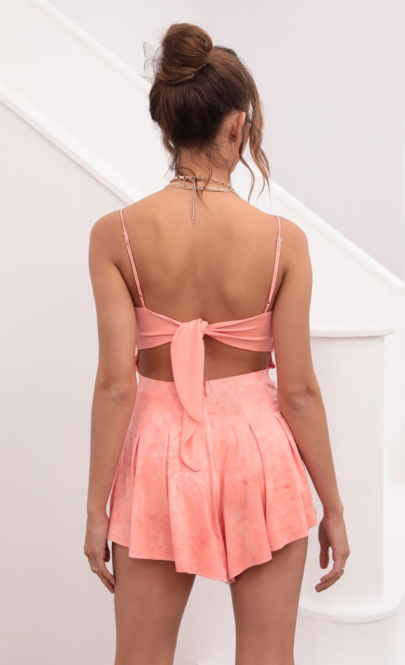 Picture Bella Suede Romper In Coral Tie-Dye. Source: https://media.lucyinthesky.com/data/Apr21_2/800xAUTO/1V9A4968.JPG
