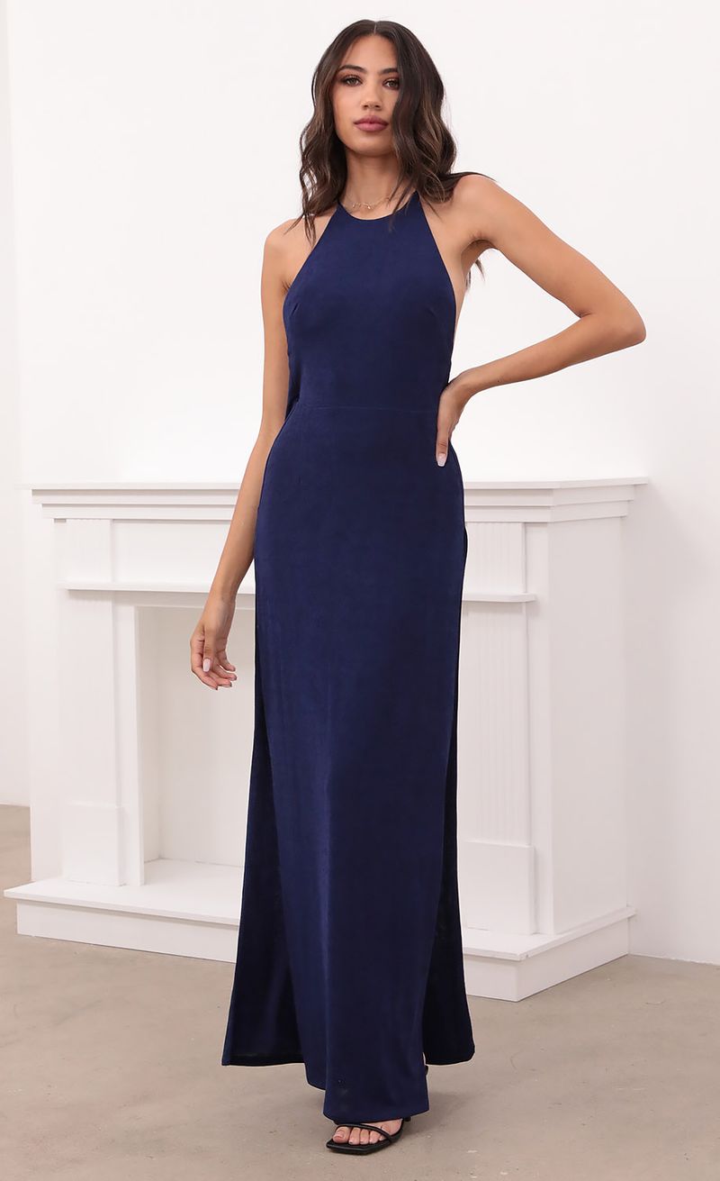 Picture Luna Long Drape Back Dress in Navy. Source: https://media.lucyinthesky.com/data/Apr21_2/800xAUTO/1V9A7702.JPG