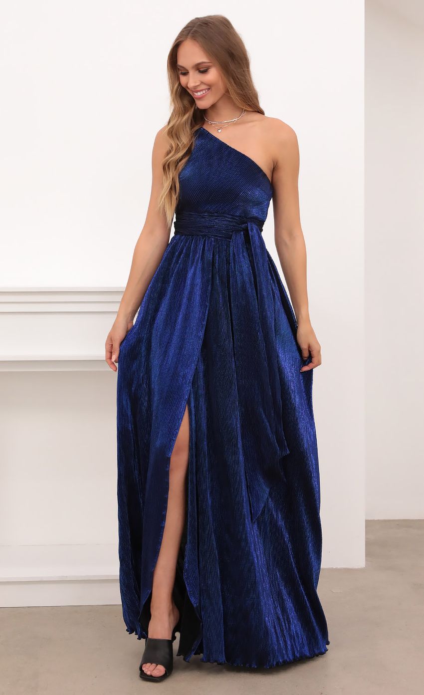 Picture Olympia One Shoulder Pleated Klein Blue Dress. Source: https://media.lucyinthesky.com/data/Apr21_2/850xAUTO/1V9A4261.JPG