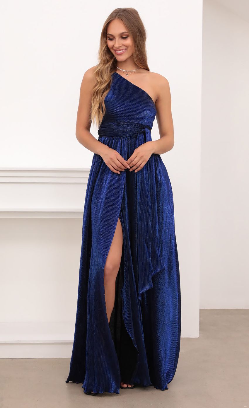 Picture Olympia One Shoulder Pleated Klein Blue Dress. Source: https://media.lucyinthesky.com/data/Apr21_2/850xAUTO/1V9A4282.JPG
