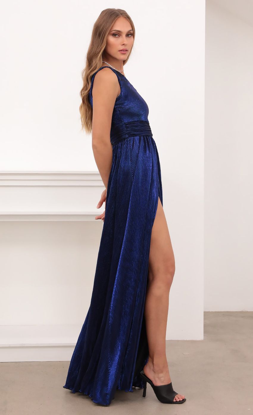 Picture Olympia One Shoulder Pleated Klein Blue Dress. Source: https://media.lucyinthesky.com/data/Apr21_2/850xAUTO/1V9A4304.JPG
