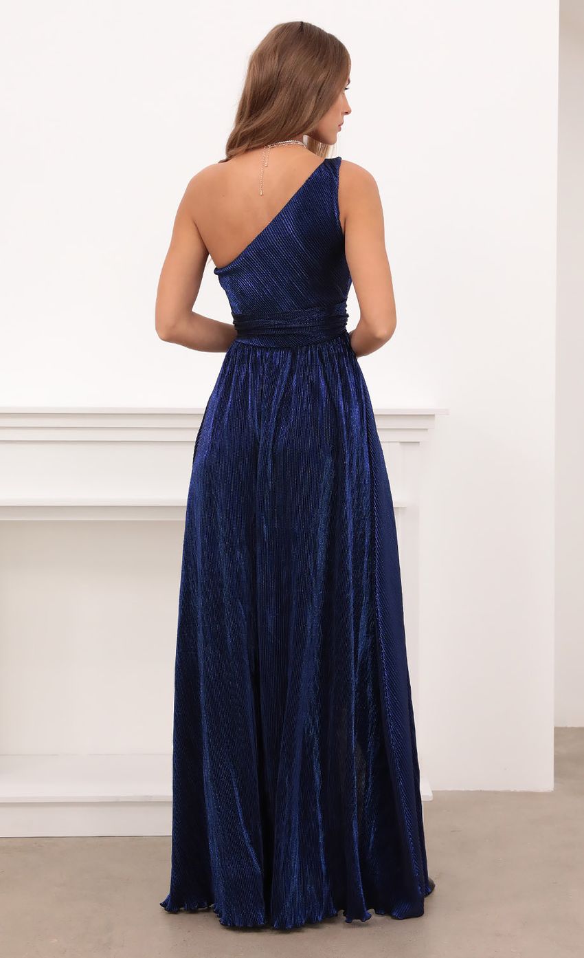 Picture Olympia One Shoulder Pleated Klein Blue Dress. Source: https://media.lucyinthesky.com/data/Apr21_2/850xAUTO/1V9A4346.JPG