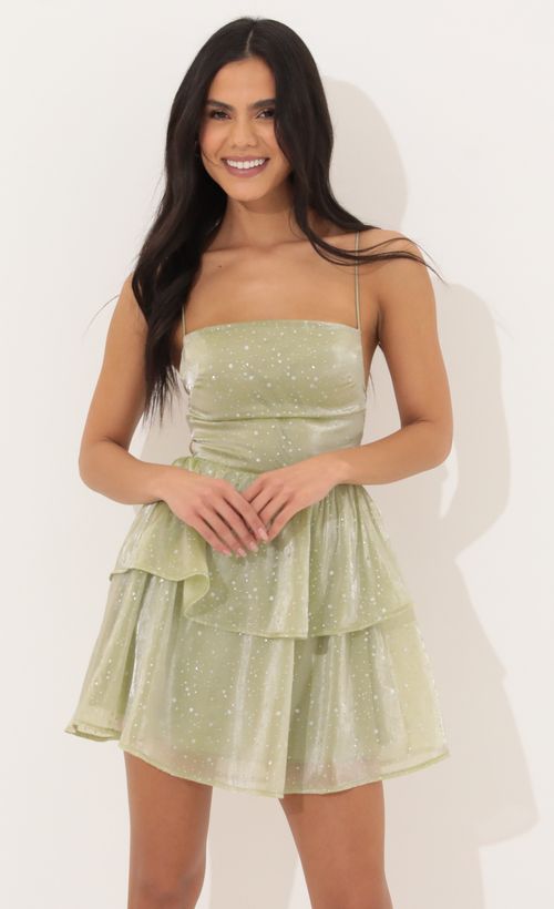 Picture Aspen Lace Up Dress in Green Glitter. Source: https://media.lucyinthesky.com/data/Apr22_1/500xAUTO/1V9A1954.JPG