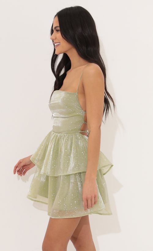 Picture Aspen Lace Up Dress in Green Glitter. Source: https://media.lucyinthesky.com/data/Apr22_1/500xAUTO/1V9A2029.JPG