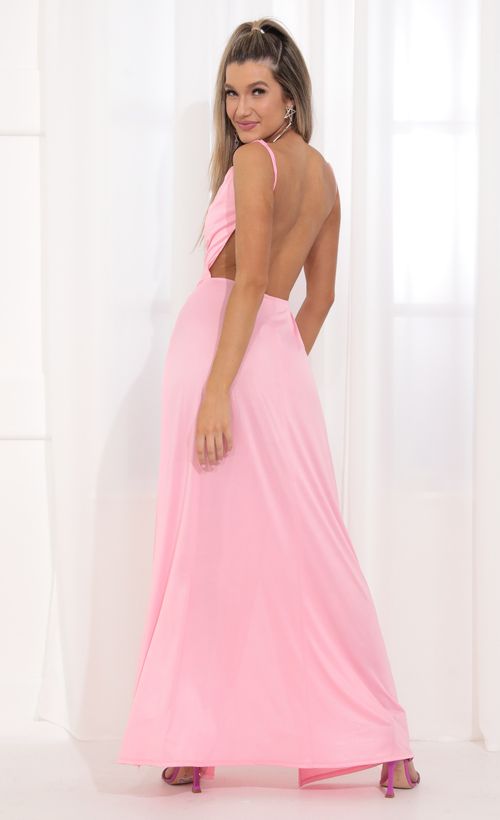 Picture Dion Metallic Maxi Dress in Pink Shimmer. Source: https://media.lucyinthesky.com/data/Apr22_1/500xAUTO/1V9A2977.JPG