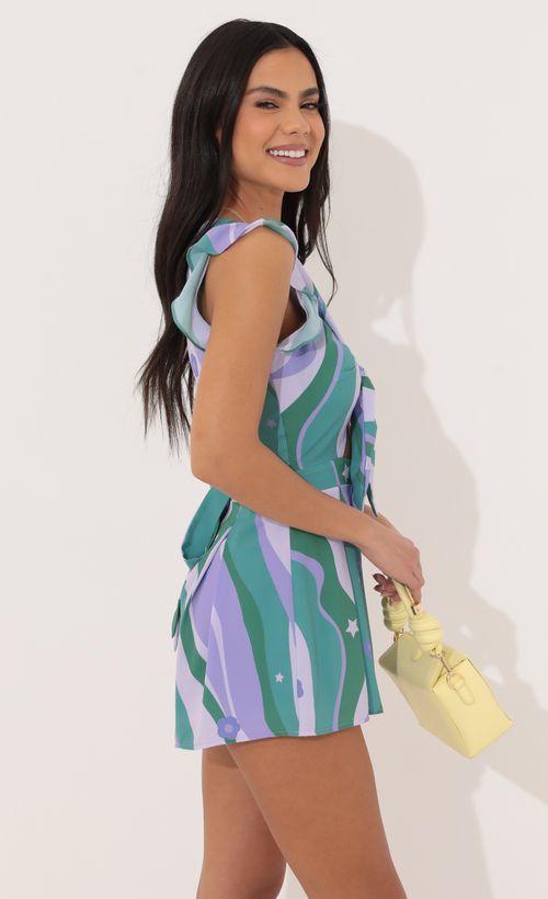 Picture Blair Front Tie Romper in Purple Print. Source: https://media.lucyinthesky.com/data/Apr22_1/500xAUTO/1V9A2995.JPG