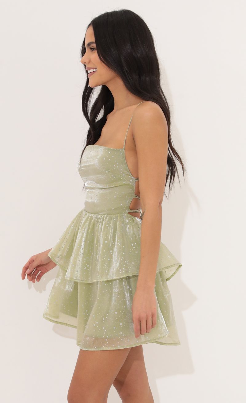 Picture Aspen Lace Up Dress in Green Glitter. Source: https://media.lucyinthesky.com/data/Apr22_1/800xAUTO/1V9A2029.JPG